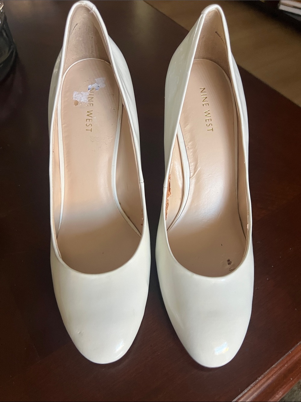 Nine West Light Cream Patent Round-Toe Pumps